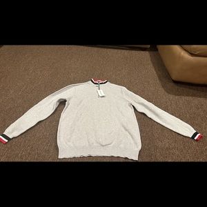 NWT Primark Mens Cotton M grey sweater LS casual knit 1/4 zip stripe neck warm